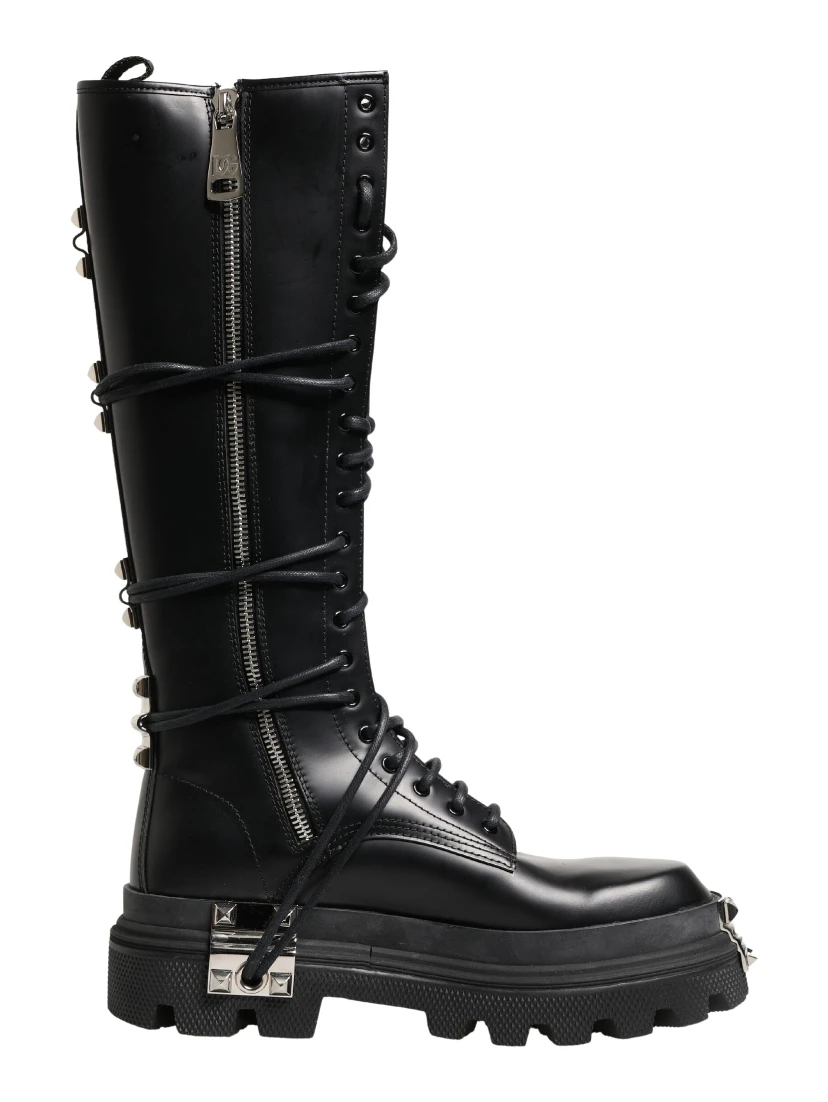 Black Leather Knee High Combat Boots Shoes