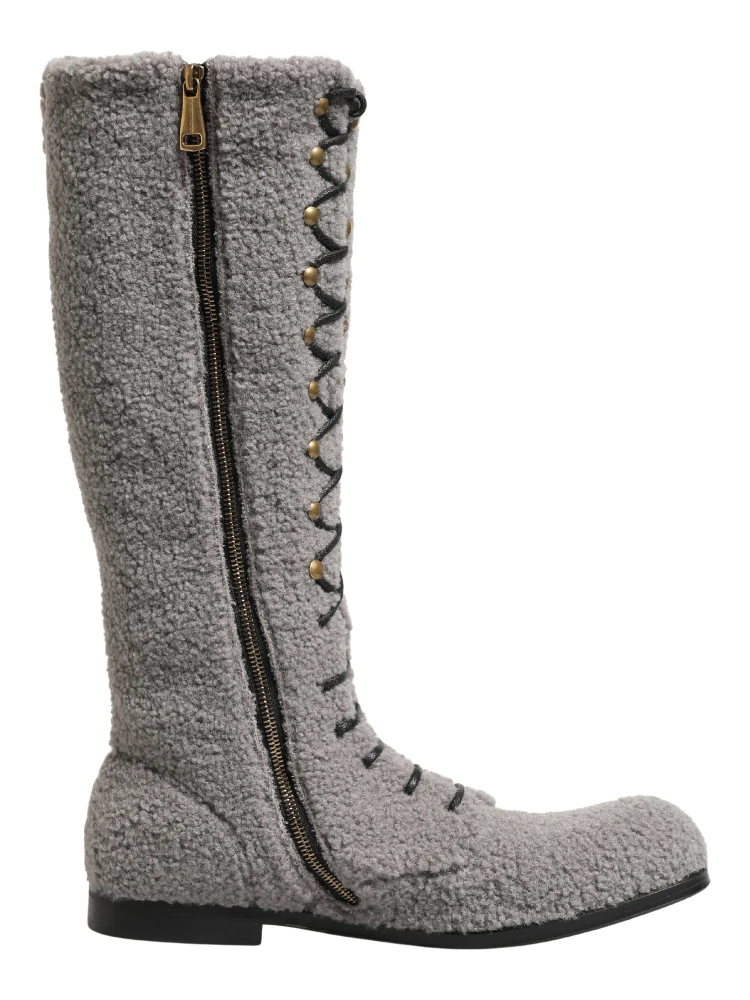 Gray Shearling Lace Up Knee High Boots Shoes