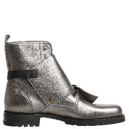 Metallic Silver Leather Buckle Ankle Boots Shoes