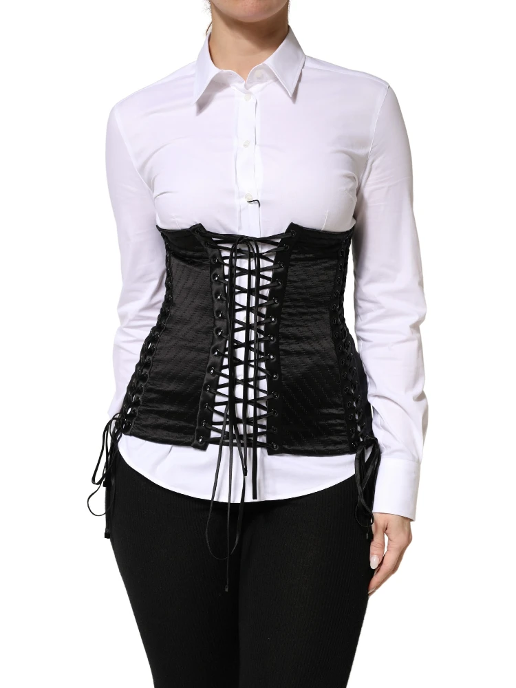 Black Silk Lace-Up Waist Cincher Corset Top alternative
