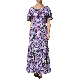 Purple Floral Silk Stretch Elegant Gown  Dress