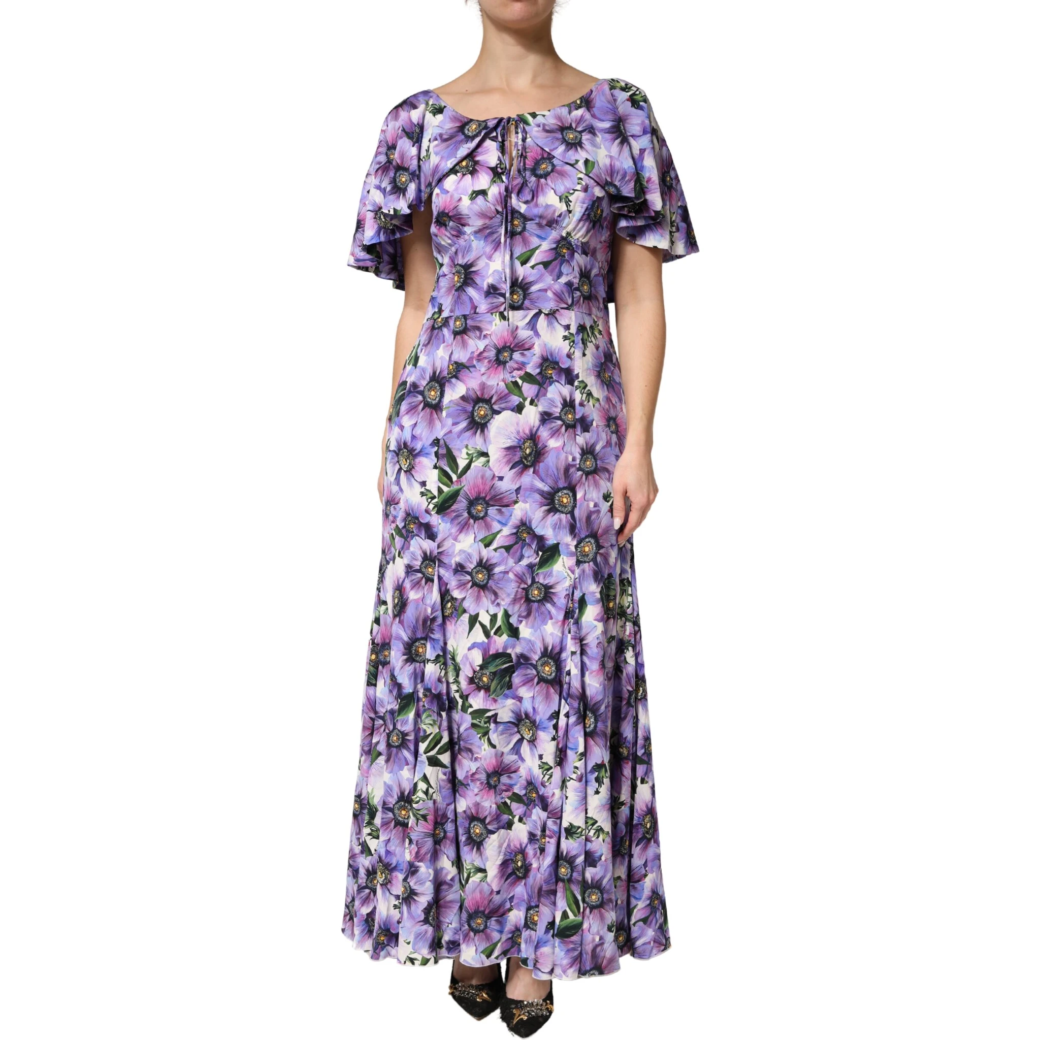 Purple Floral Silk Stretch Elegant Gown  Dress