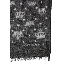 Black Wool Crown Print Fringe Neck Wrap 180cm x 65cm Scarf