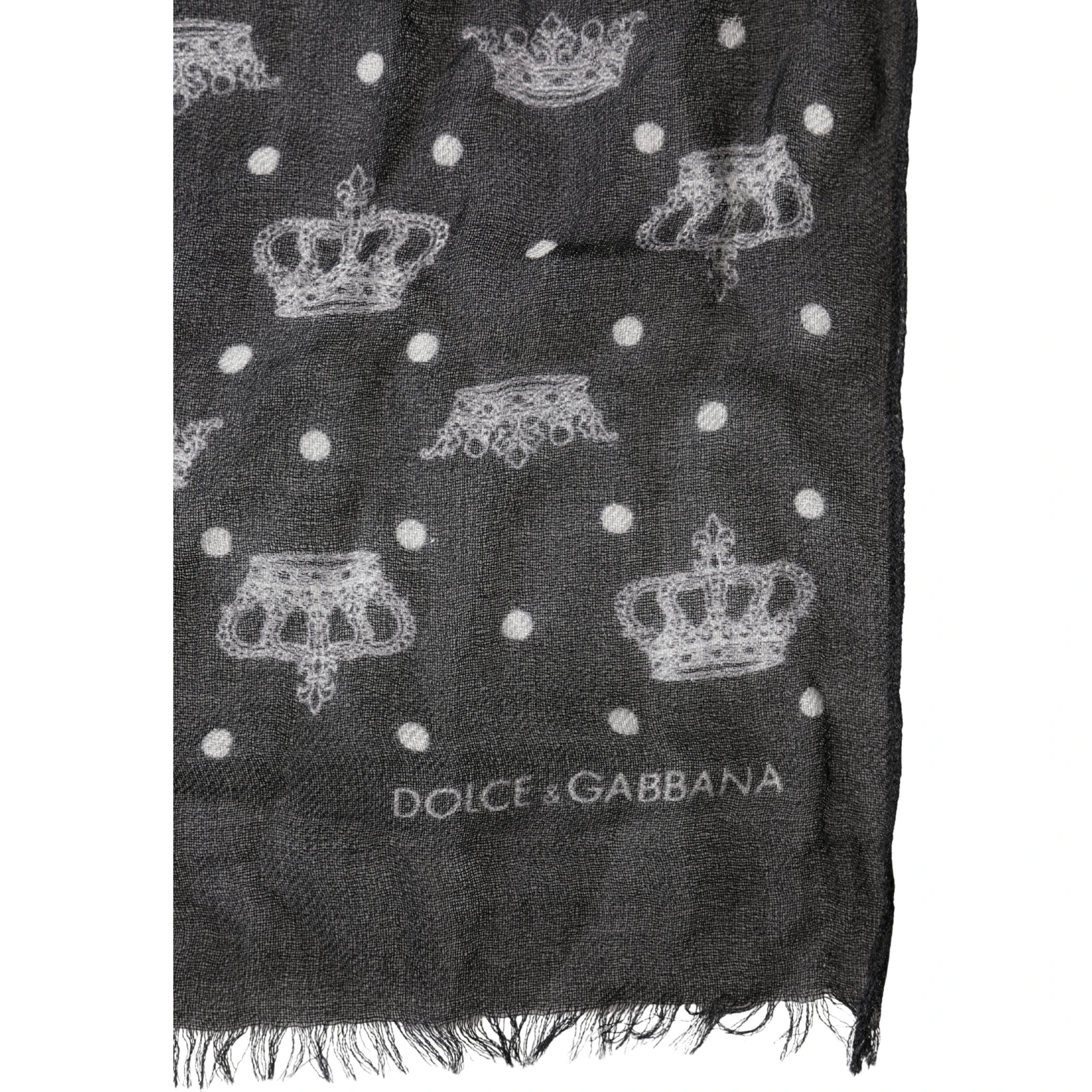 Black Wool Crown Print Fringe Neck Wrap 180cm x 65cm Scarf