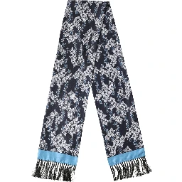 Black Blue Silk Floral Pattern Fringe 140cm x 16cm  Scarf