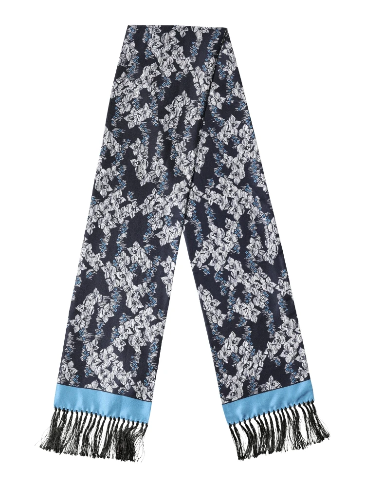 Black Blue Silk Floral Pattern Fringe 140cm x 16cm  Scarf alternative