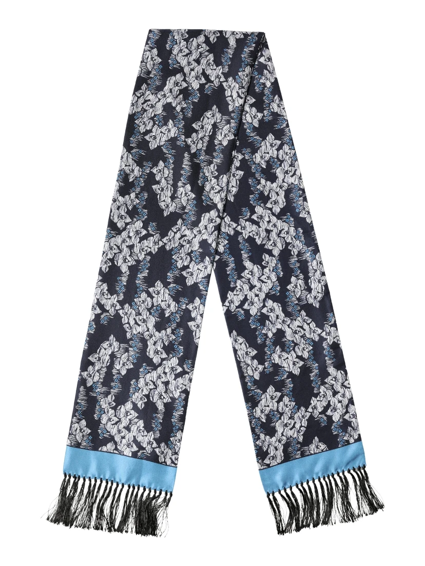 Black Blue Silk Floral Pattern Fringe 140cm x 16cm  Scarf