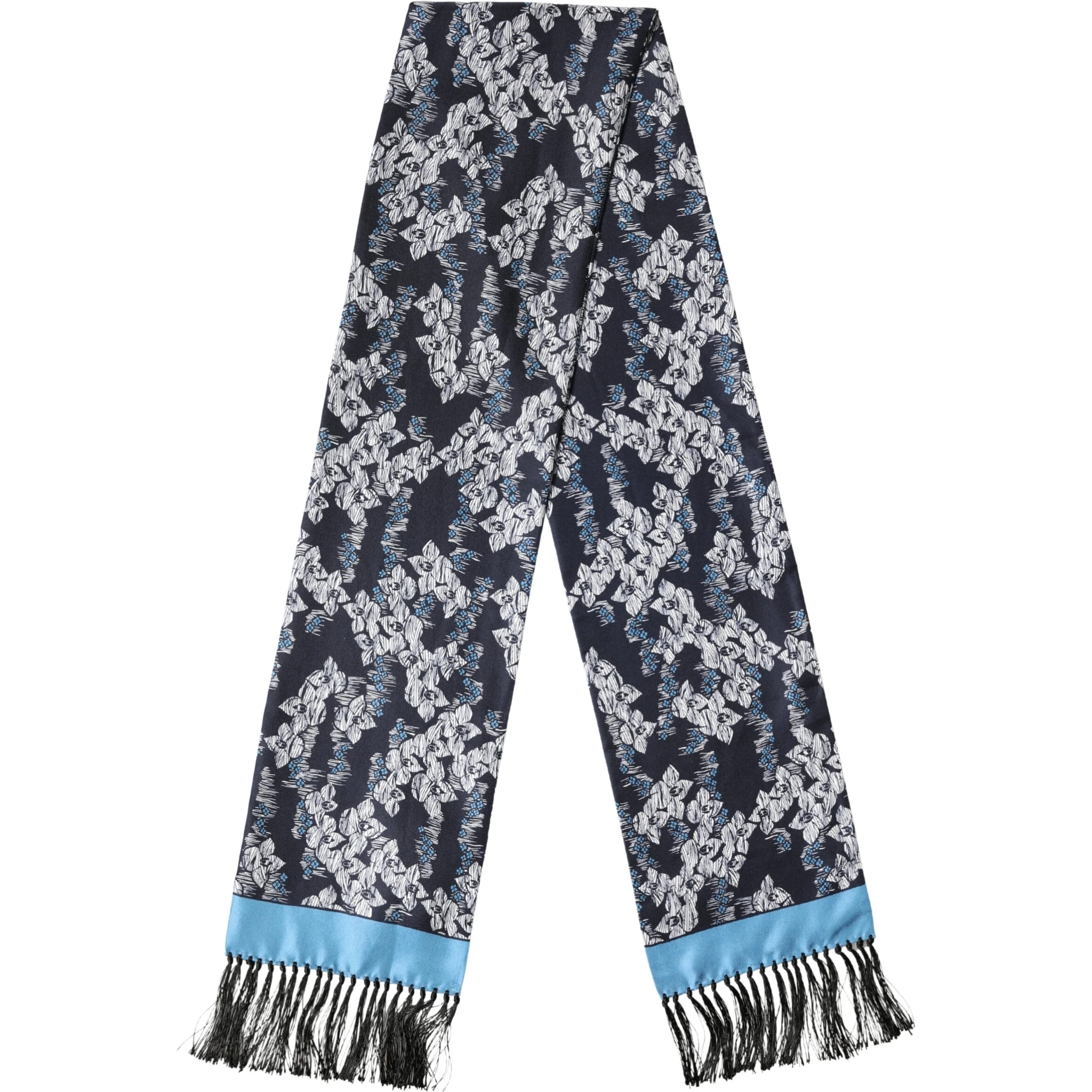 Black Blue Silk Floral Pattern Fringe 140cm x 16cm  Scarf