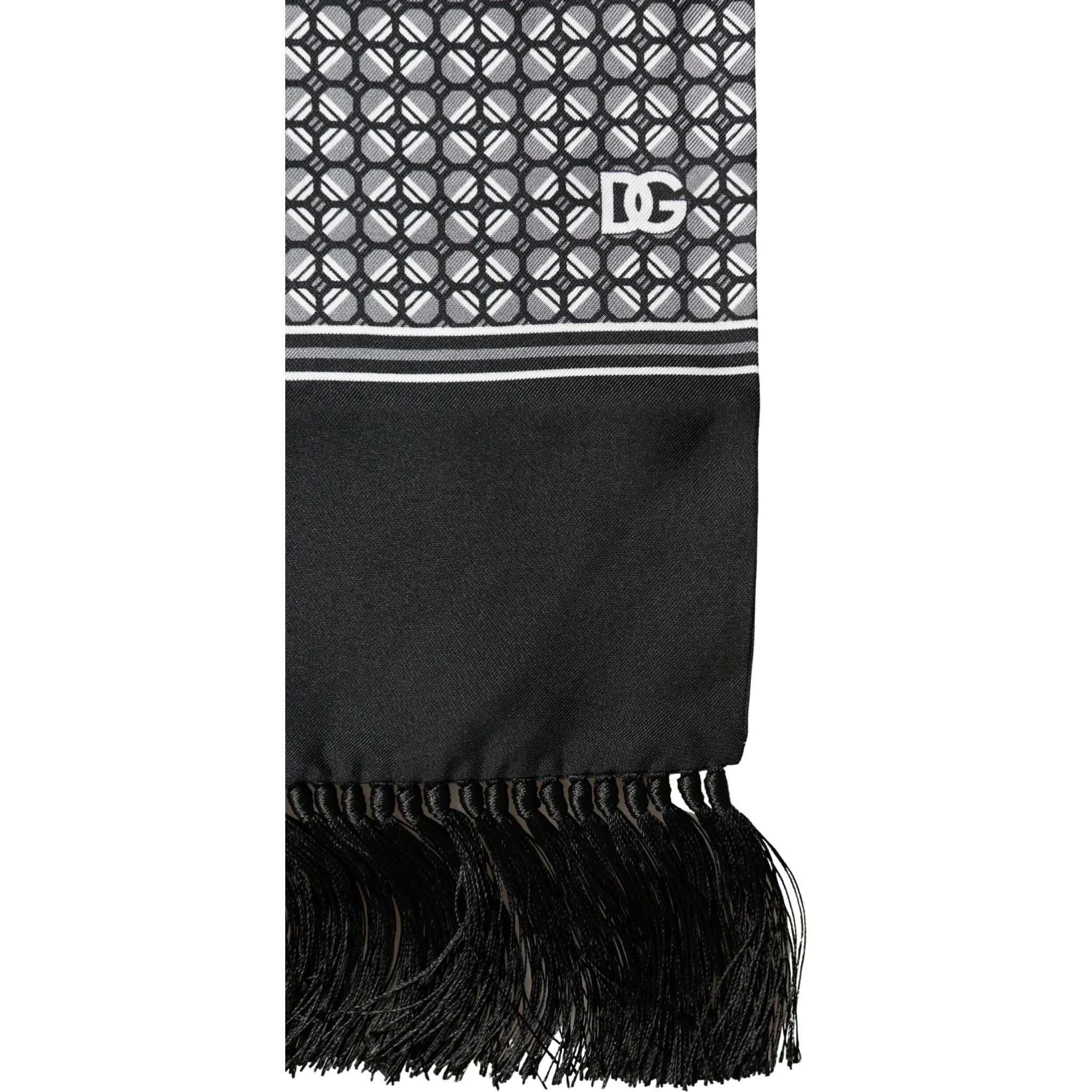 Black Silk Geometric Fringed Foulard 140cm x 15cm Scarf