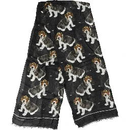 Black Modal Wool Dog Print Fringed 178cm x 64cm Scarf