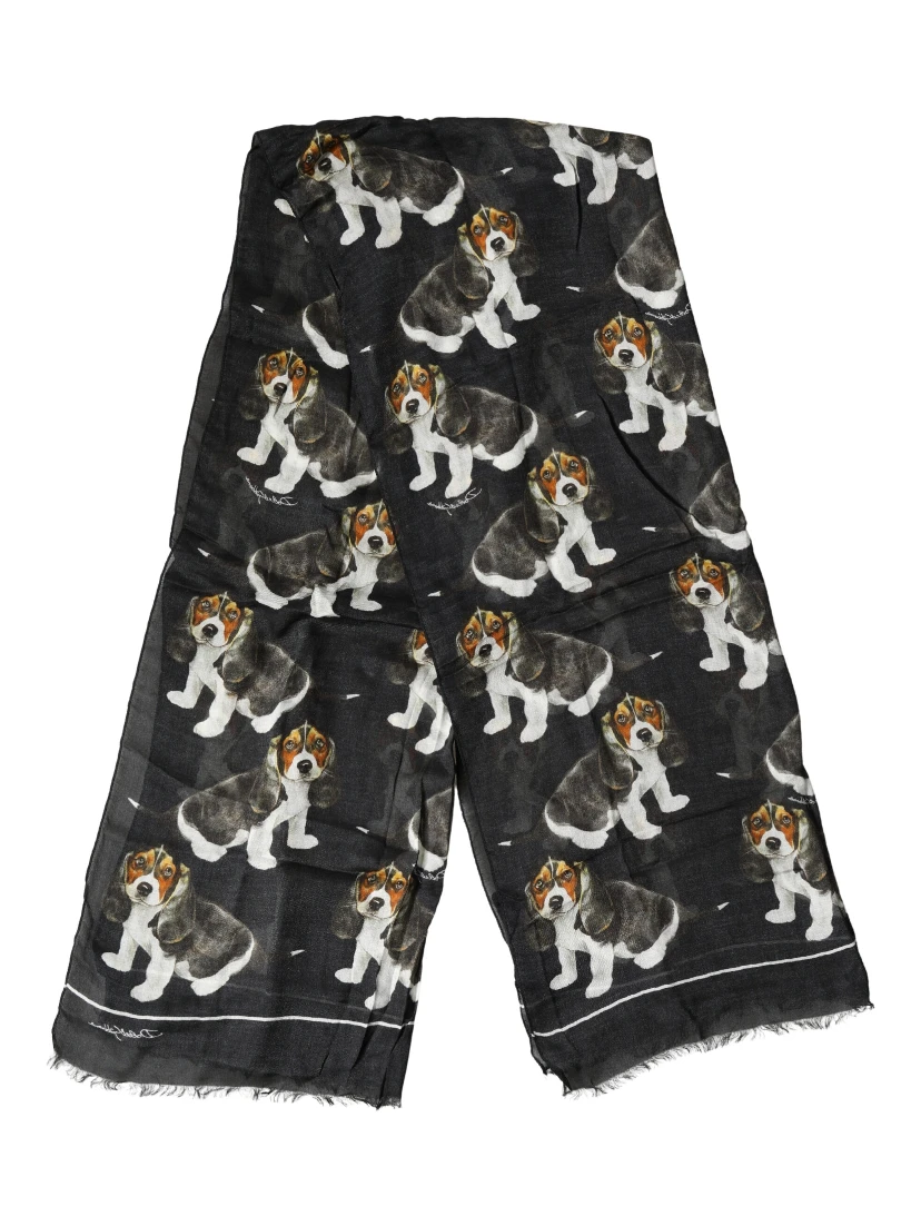Black Modal Wool Dog Print Fringed 178cm x 64cm Scarf