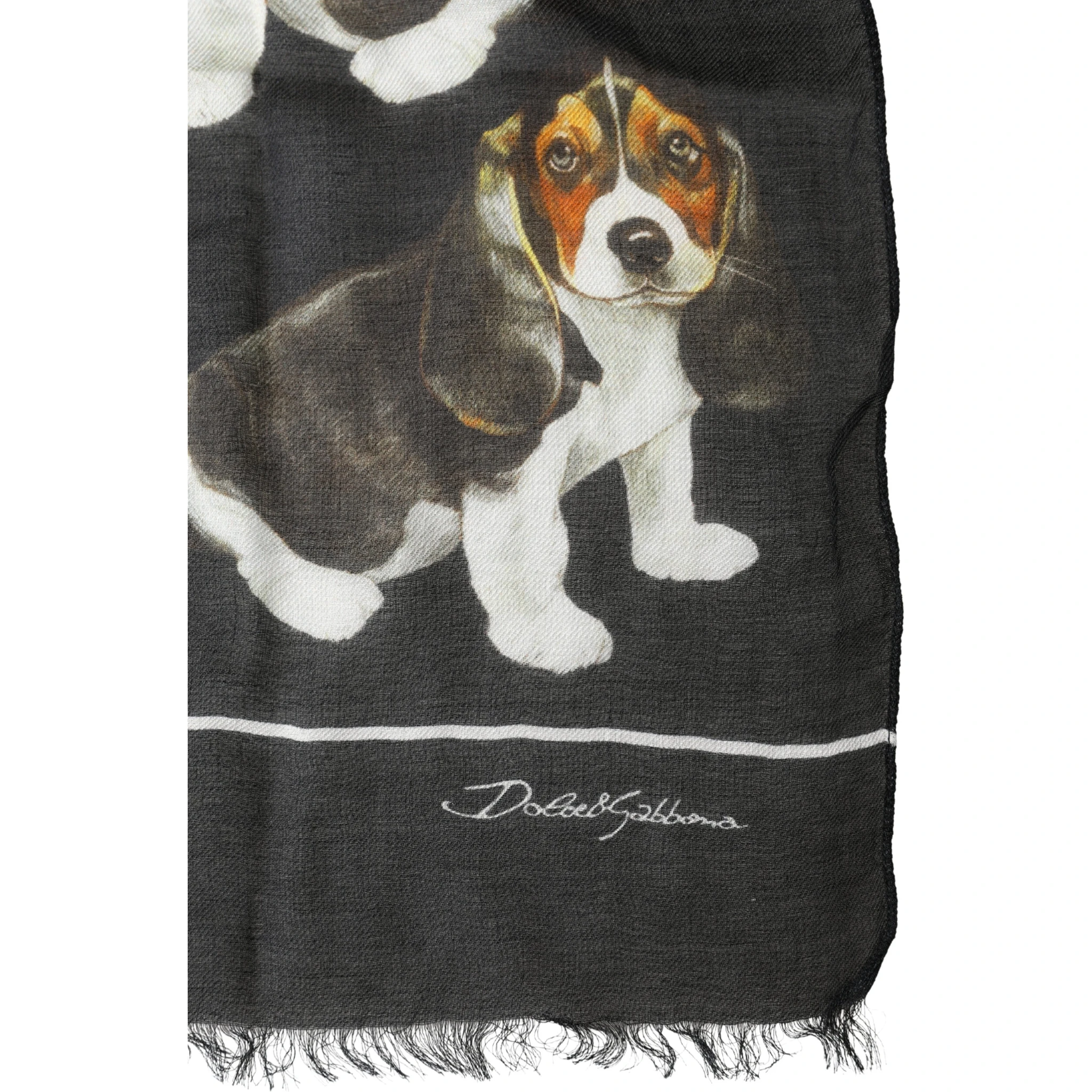 Black Modal Wool Dog Print Fringed 178cm x 64cm Scarf