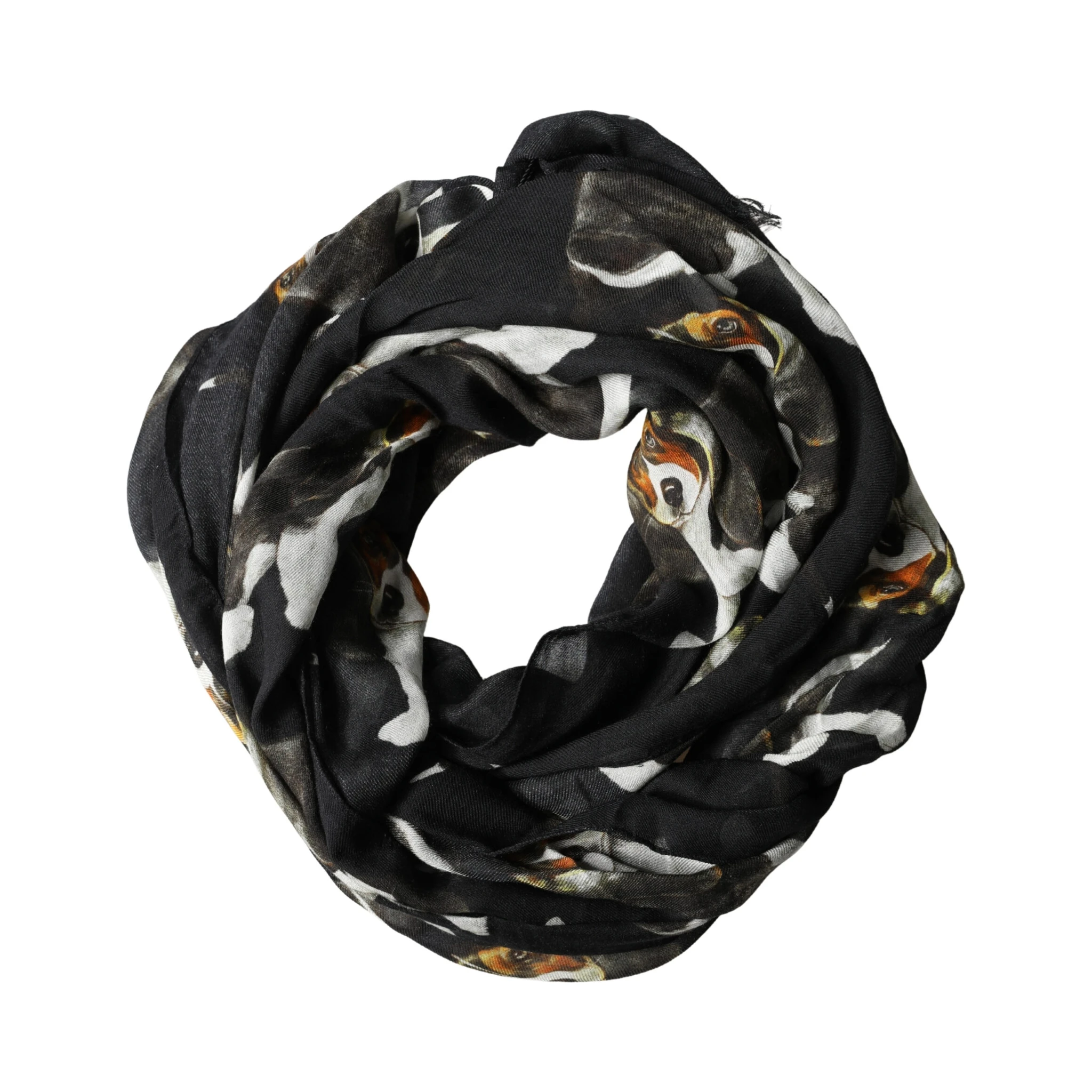 Black Modal Wool Dog Print Fringed 178cm x 64cm Scarf