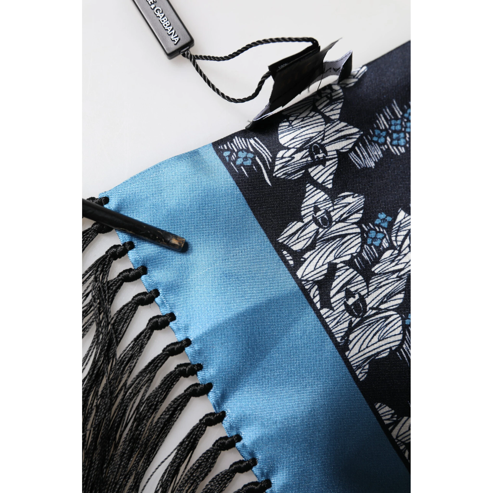 Black Blue Silk Floral Pattern Fringe 140cm x 16cm  Scarf