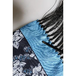 Black Blue Silk Floral Pattern Fringe 140cm x 16cm  Scarf