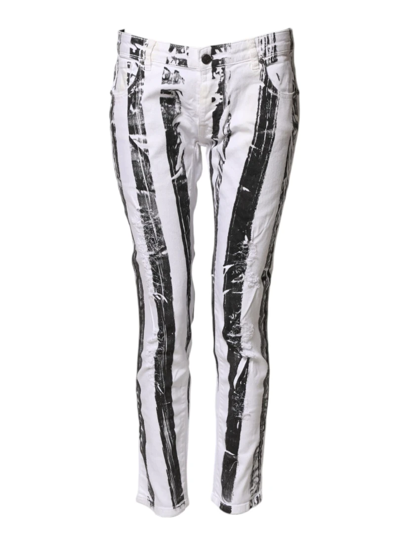 Black White Stripes Mid Waist Cropped Capri Jeans