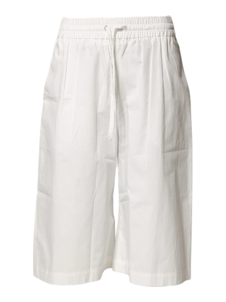 White Cotton High Waist Wide Leg Straight Bermuda Shorts