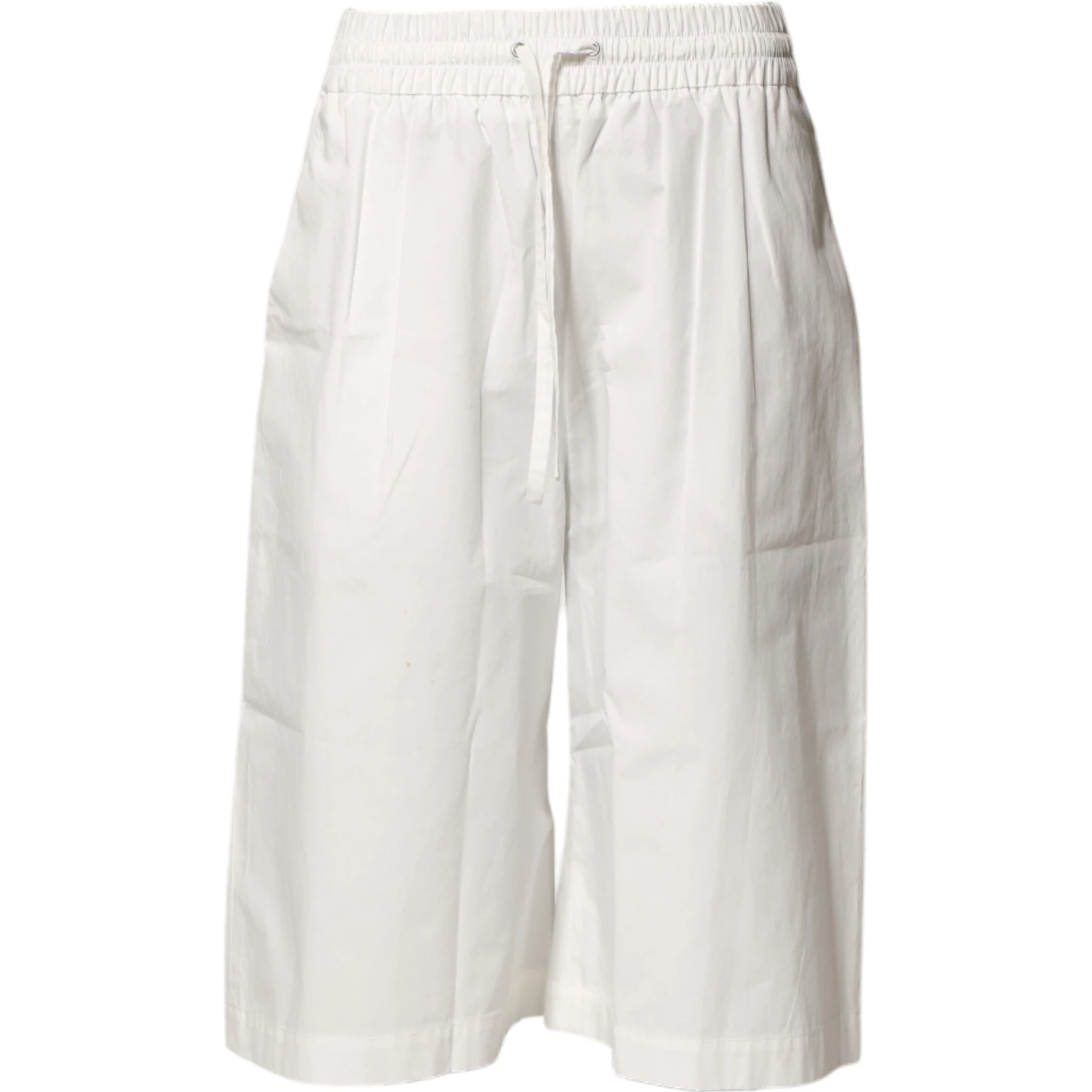 White Cotton High Waist Wide Leg Straight Bermuda Shorts