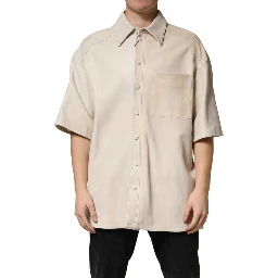 Beige Leather Button Down Men Casual Shirt