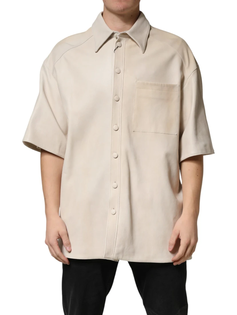 Beige Leather Button Down Men Casual Shirt