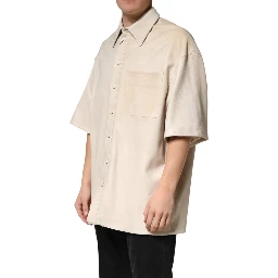Beige Leather Button Down Men Casual Shirt