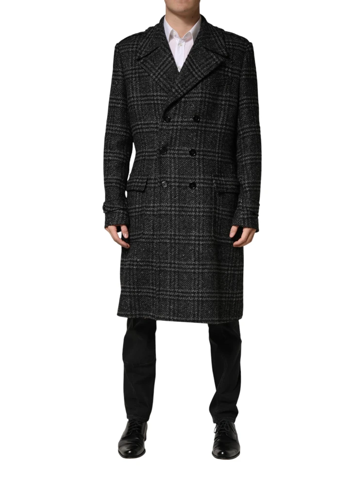 Grey Double Breasted Plaid Wool Coat Jacket