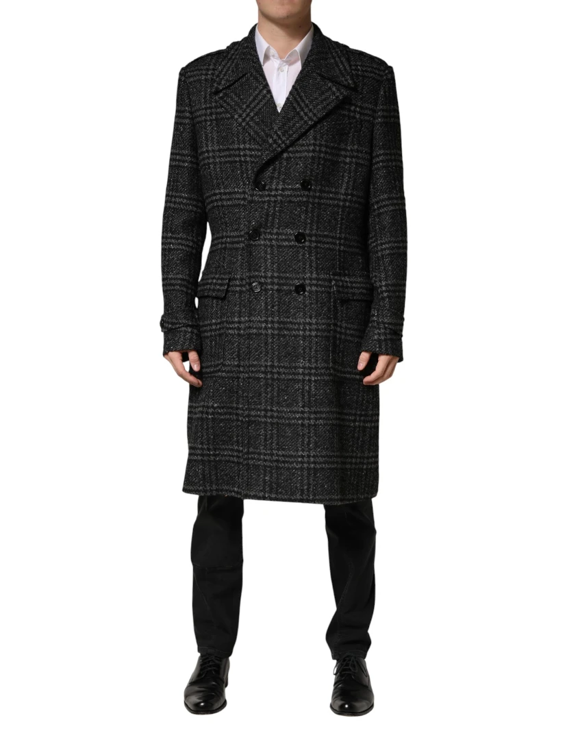 Grey Double Breasted Plaid Wool Coat Jacket