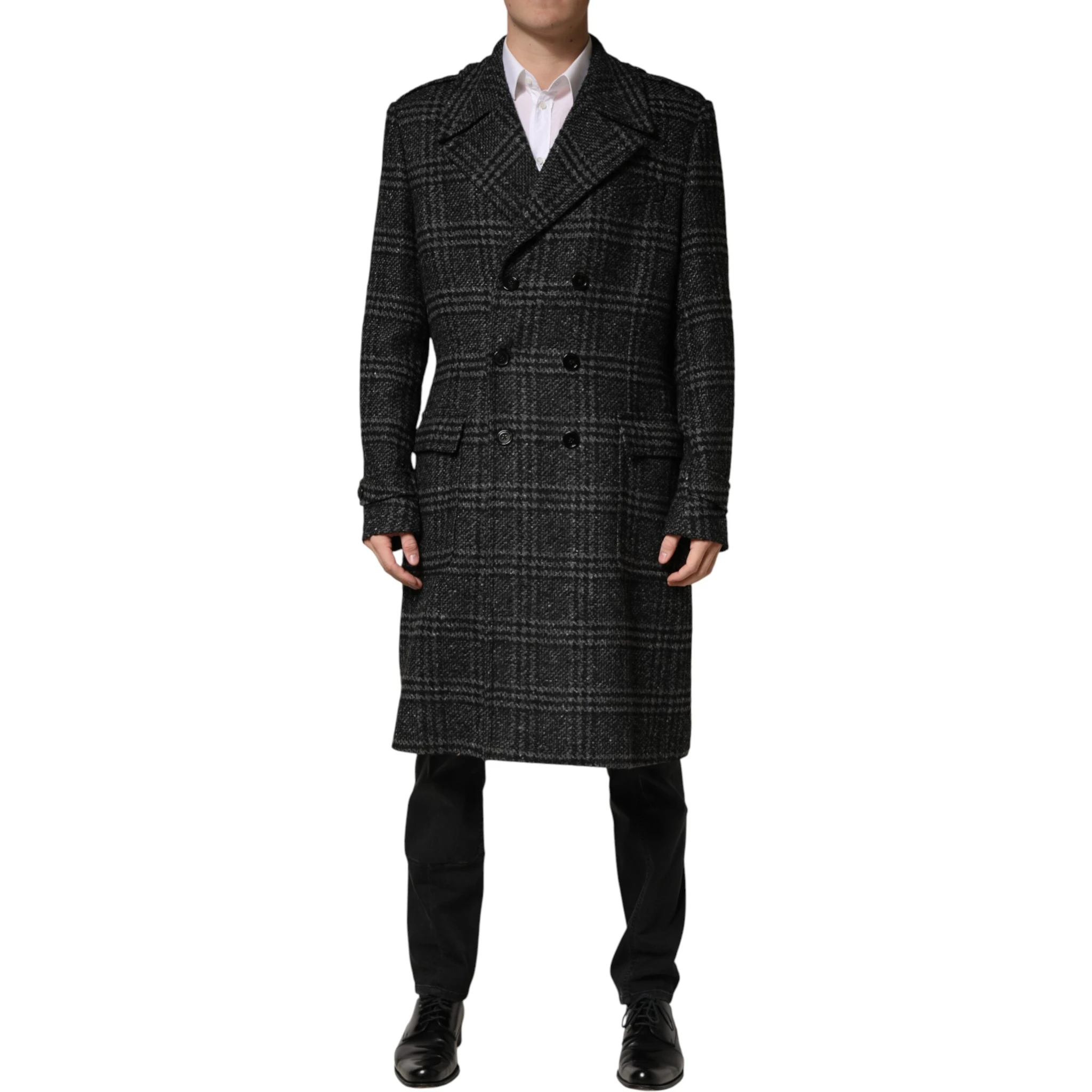 Grey Double Breasted Plaid Wool Coat Jacket
