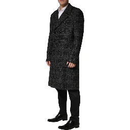 Grey Double Breasted Plaid Wool Coat Jacket