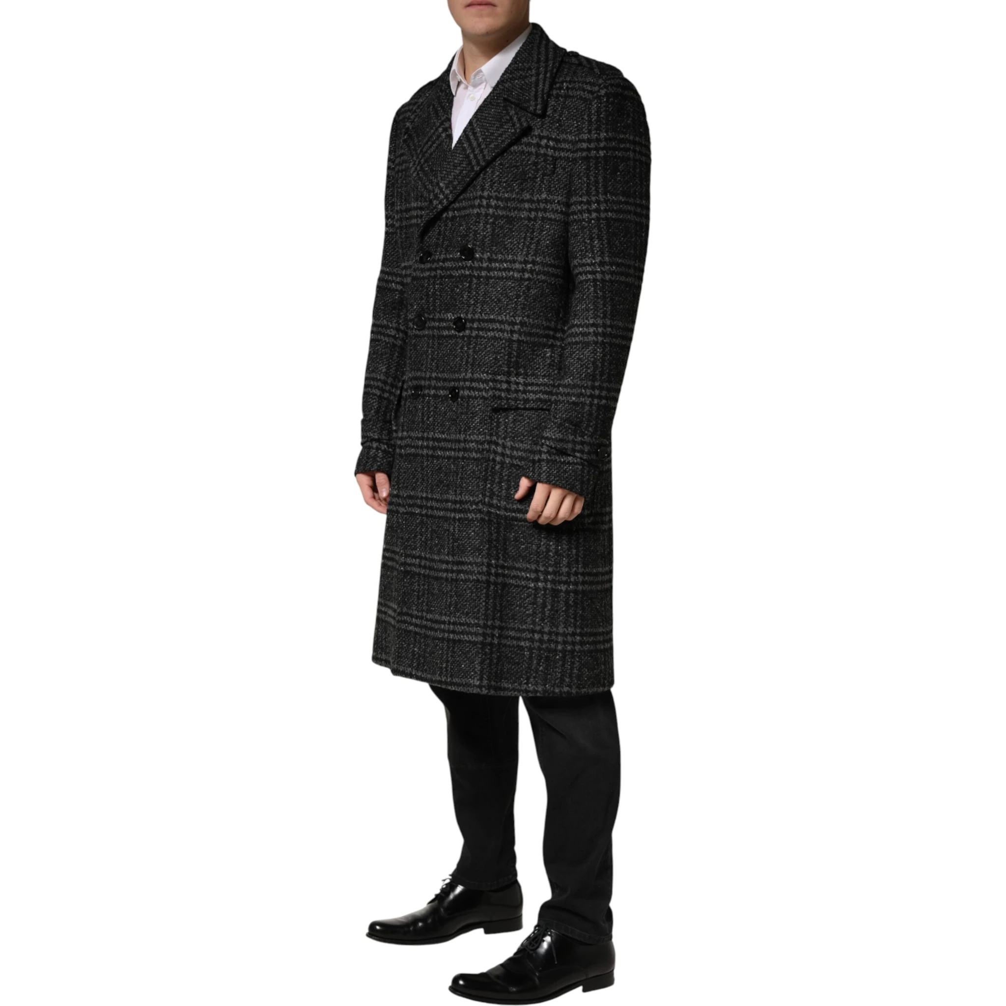 Grey Double Breasted Plaid Wool Coat Jacket