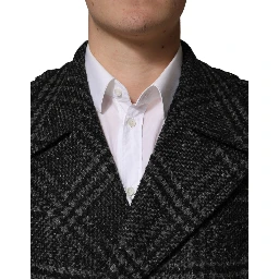 Grey Double Breasted Plaid Wool Coat Jacket