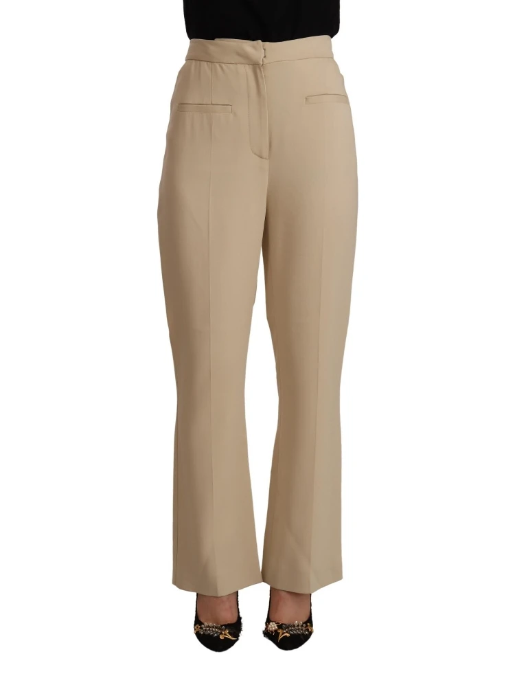 Beige Viscose High Waist Flared Dress Trouser Pants