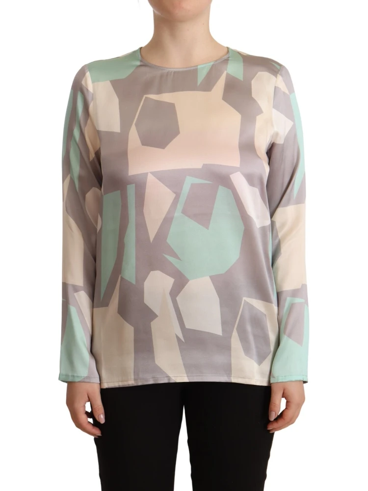 Multicolor Silk Long Sleeves Round Neck Top Blouse