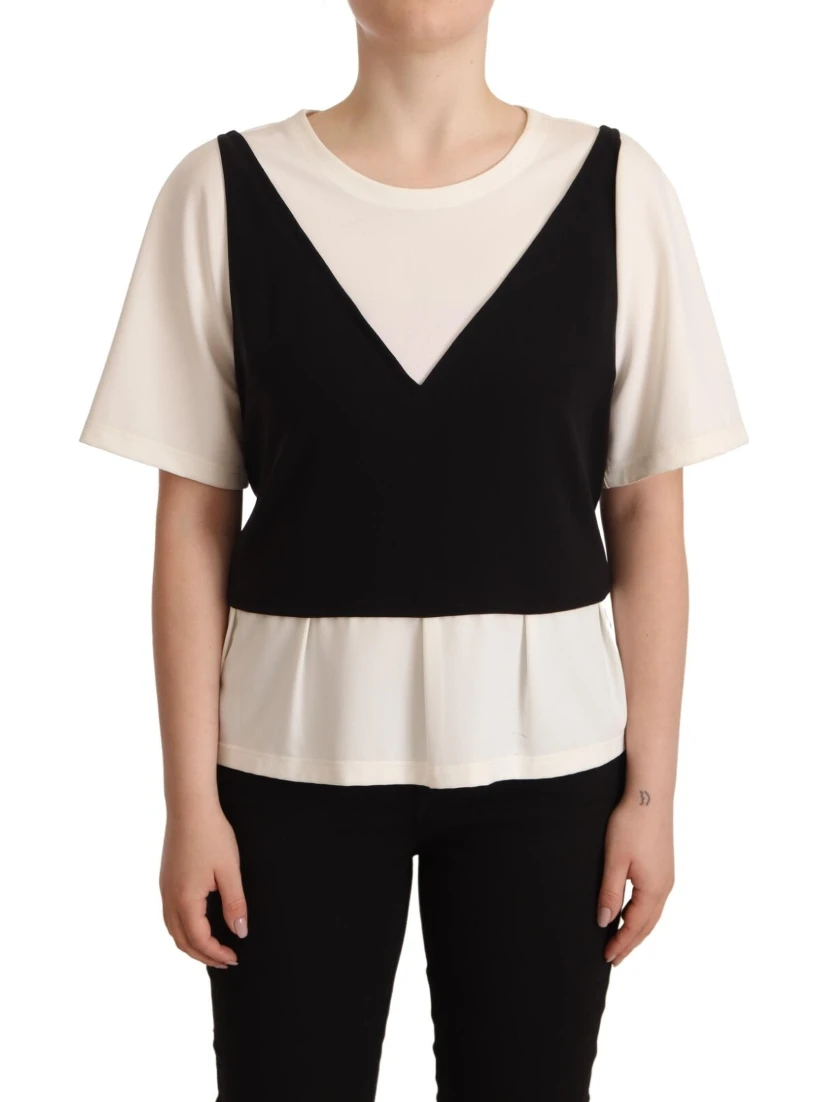 Black White Polyester Short Sleeves Top Blouse