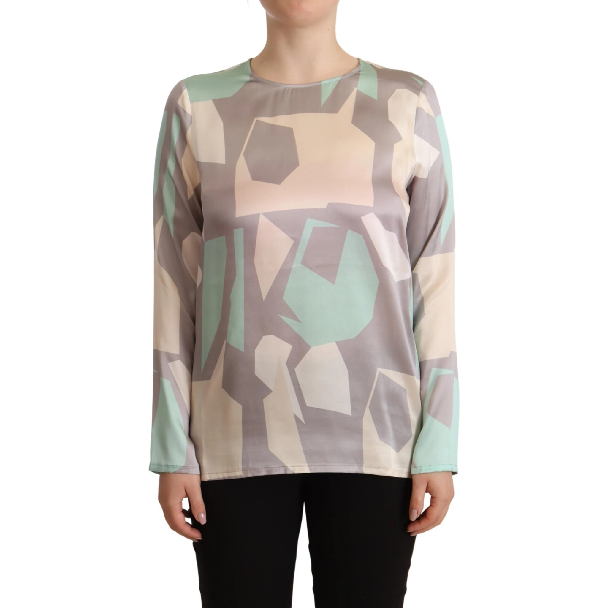 Multicolor Silk Long Sleeves Round Neck Top Blouse