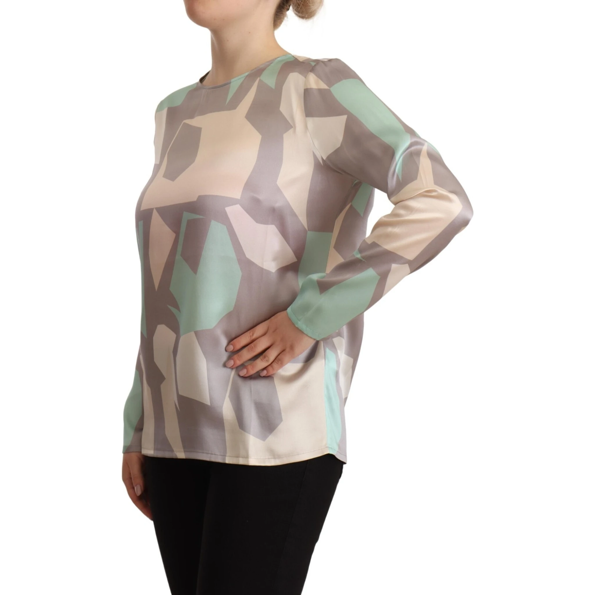 Multicolor Silk Long Sleeves Round Neck Top Blouse
