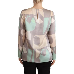 Multicolor Silk Long Sleeves Round Neck Top Blouse