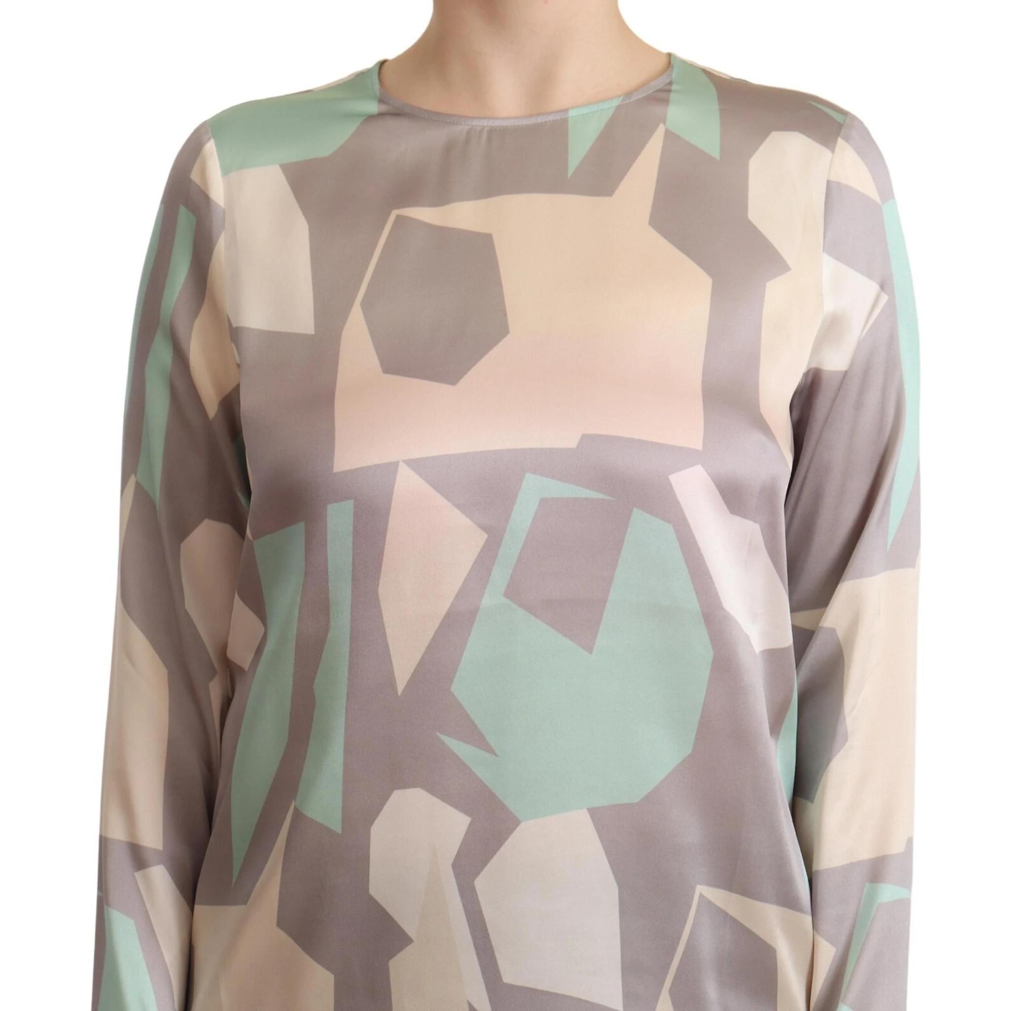 Multicolor Silk Long Sleeves Round Neck Top Blouse