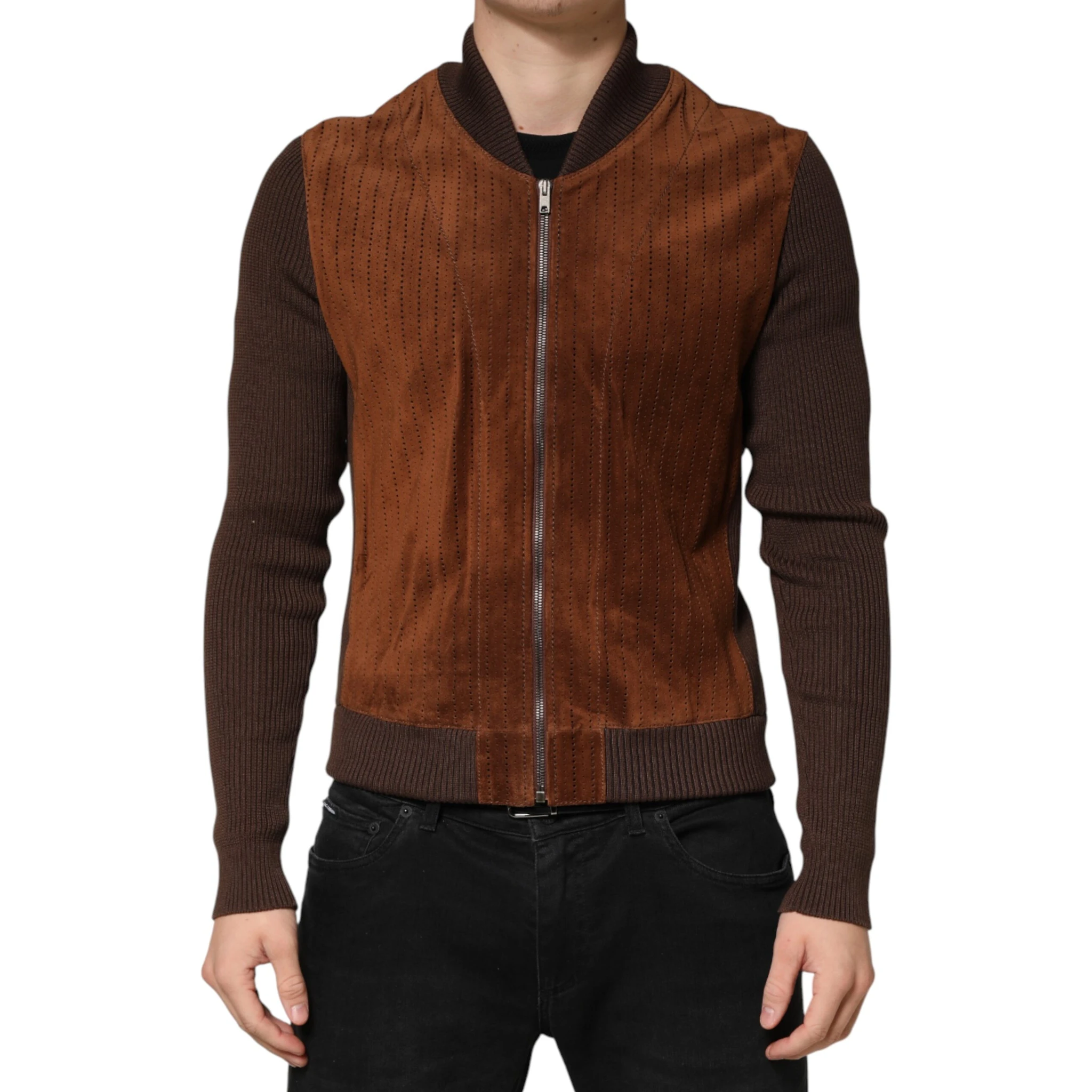Brown Velvet Calfskin Full Zip Biker Jacket