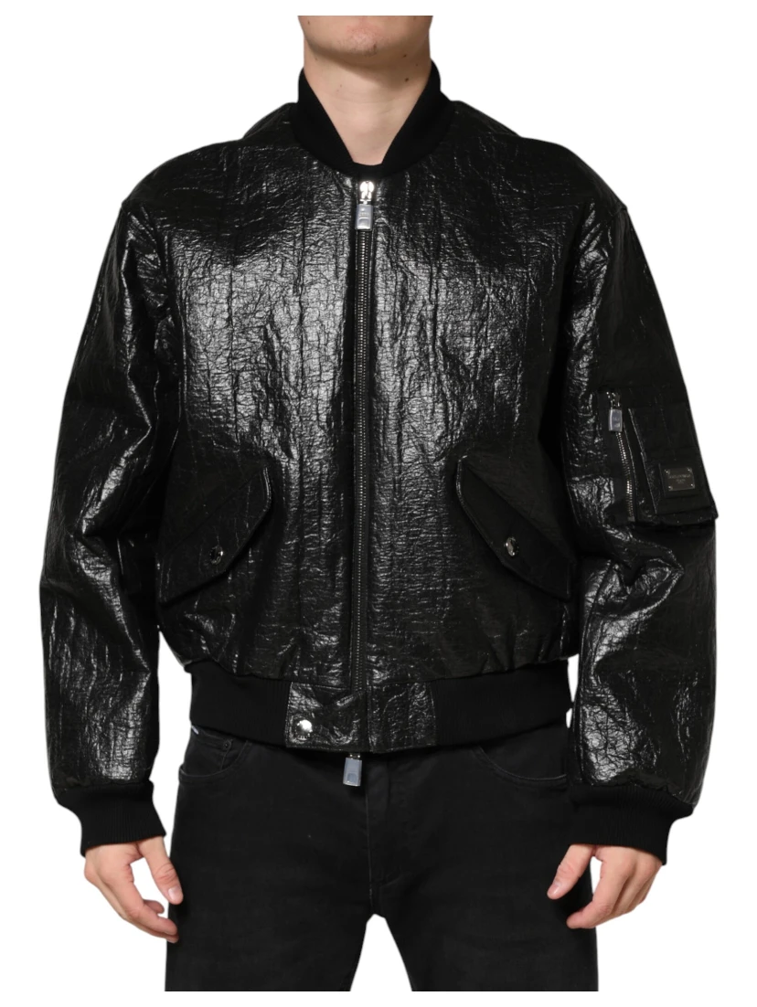 Black Cellulose Leather FullZip Biker Jacket