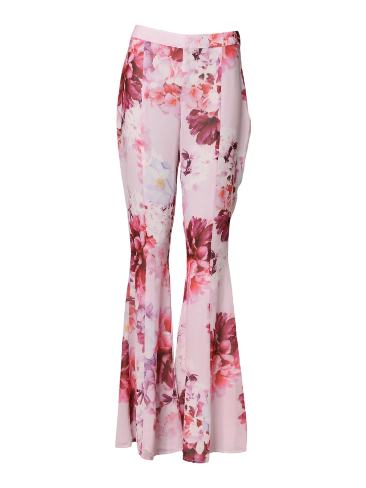 Pink Floral Flared High Waist Trouser Pants