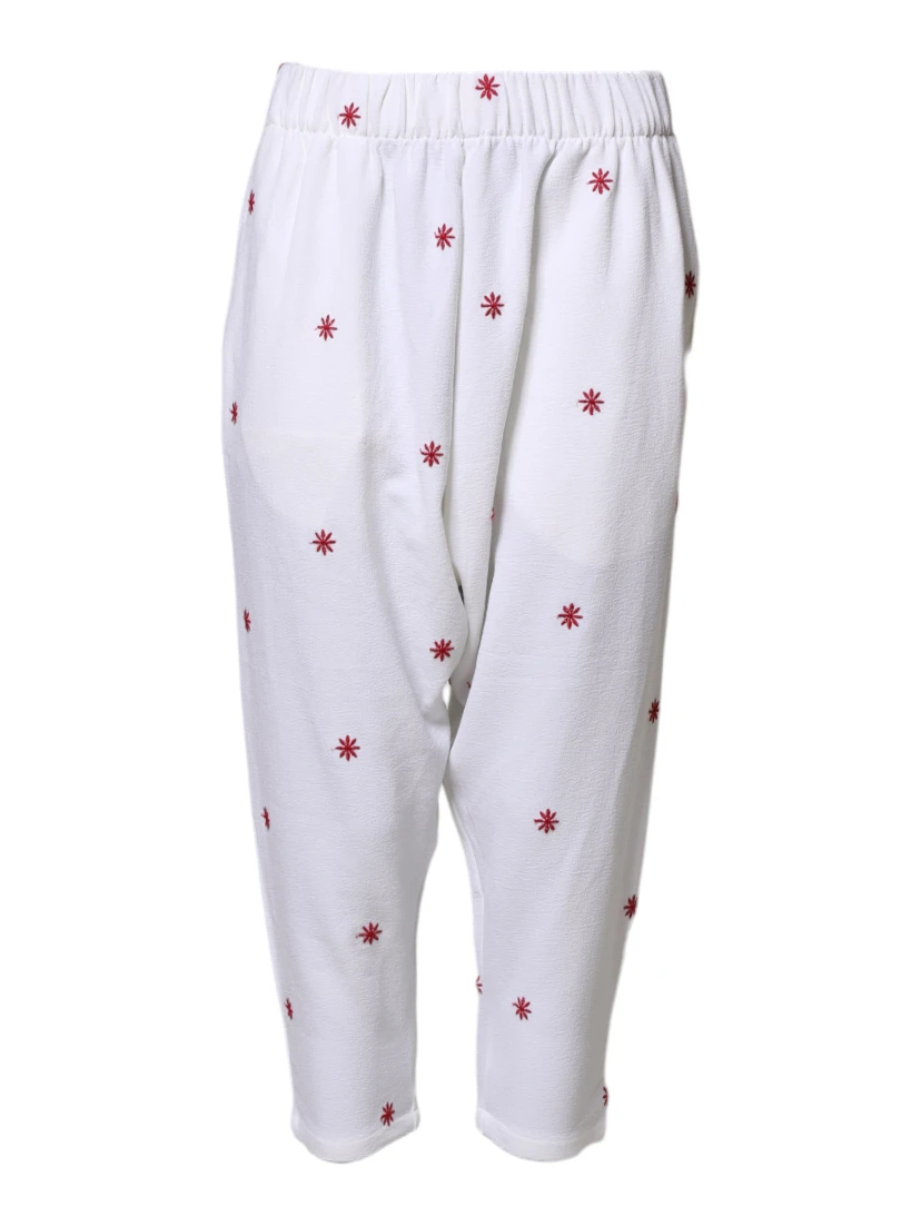 White Floral Tapered High Waist Cropped Pants