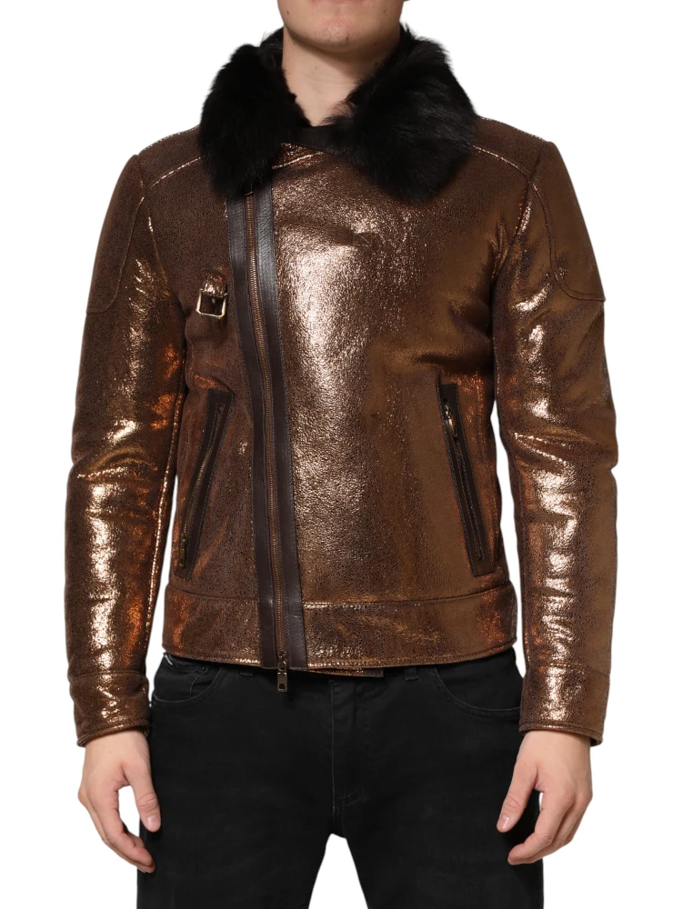 Bronze Leather Fur Full Zip Men Biker Jacket alternative