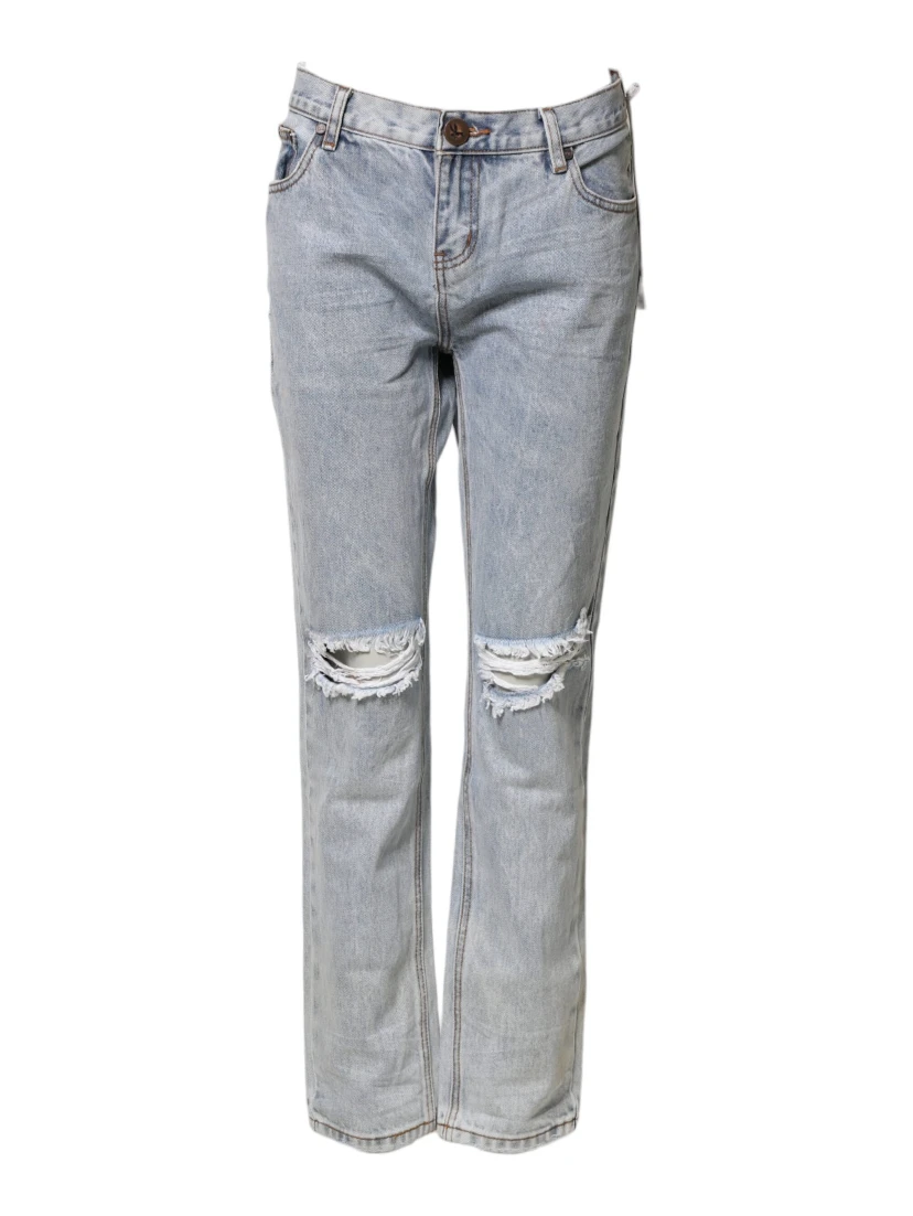 Light Blue Tattered Mid Waist Straight Denim Jeans