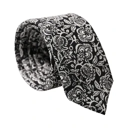 Black White Floral Fantasy Silk Adjustable Necktie Tie