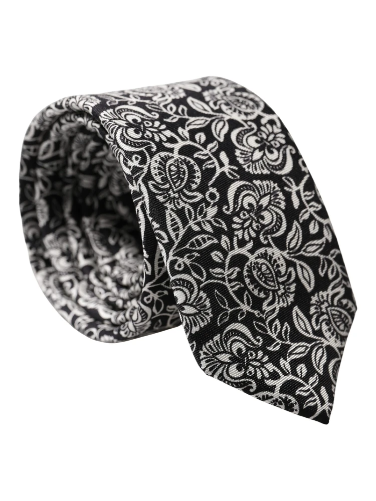 Black White Floral Fantasy Silk Adjustable Necktie Tie