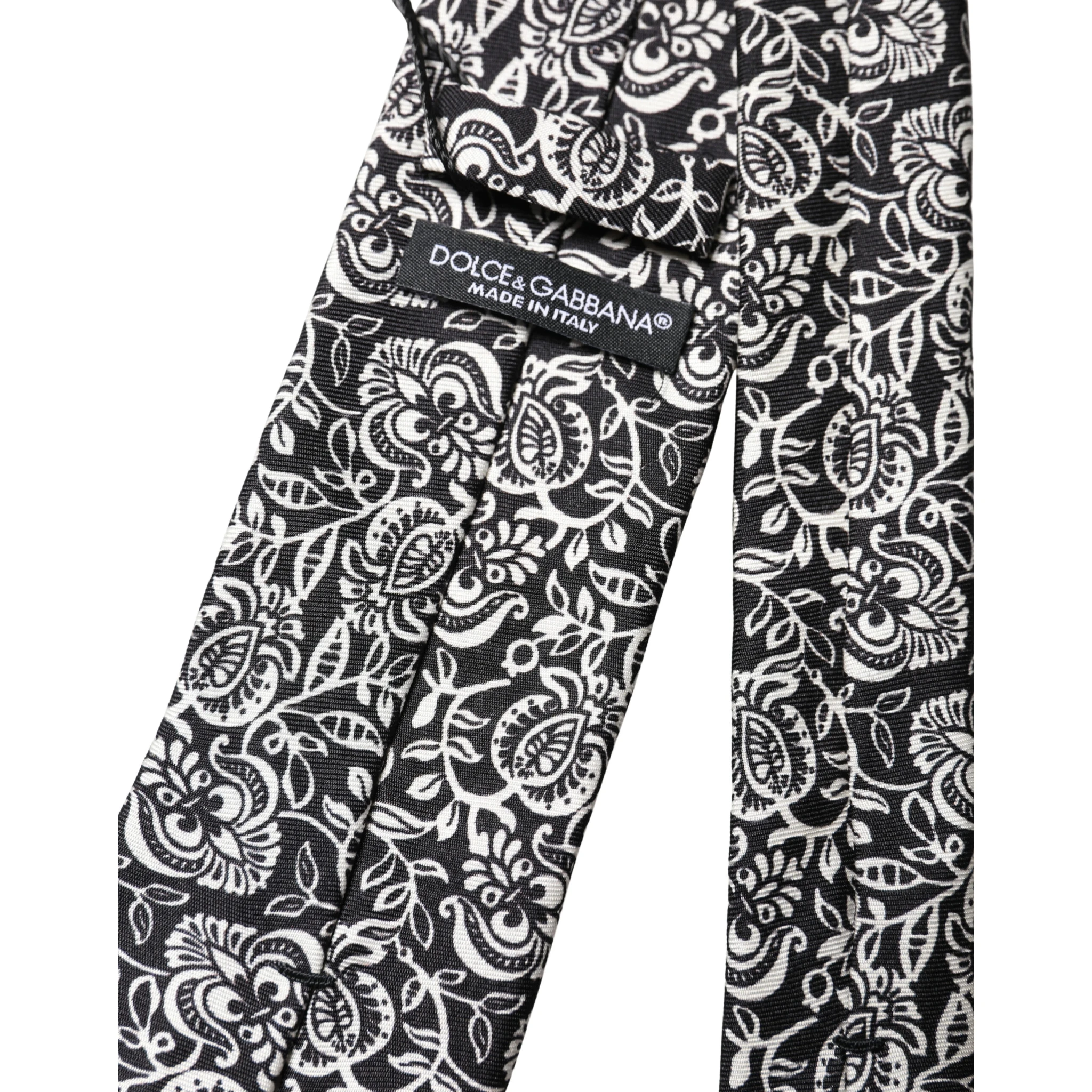 Black White Floral Fantasy Silk Adjustable Necktie Tie