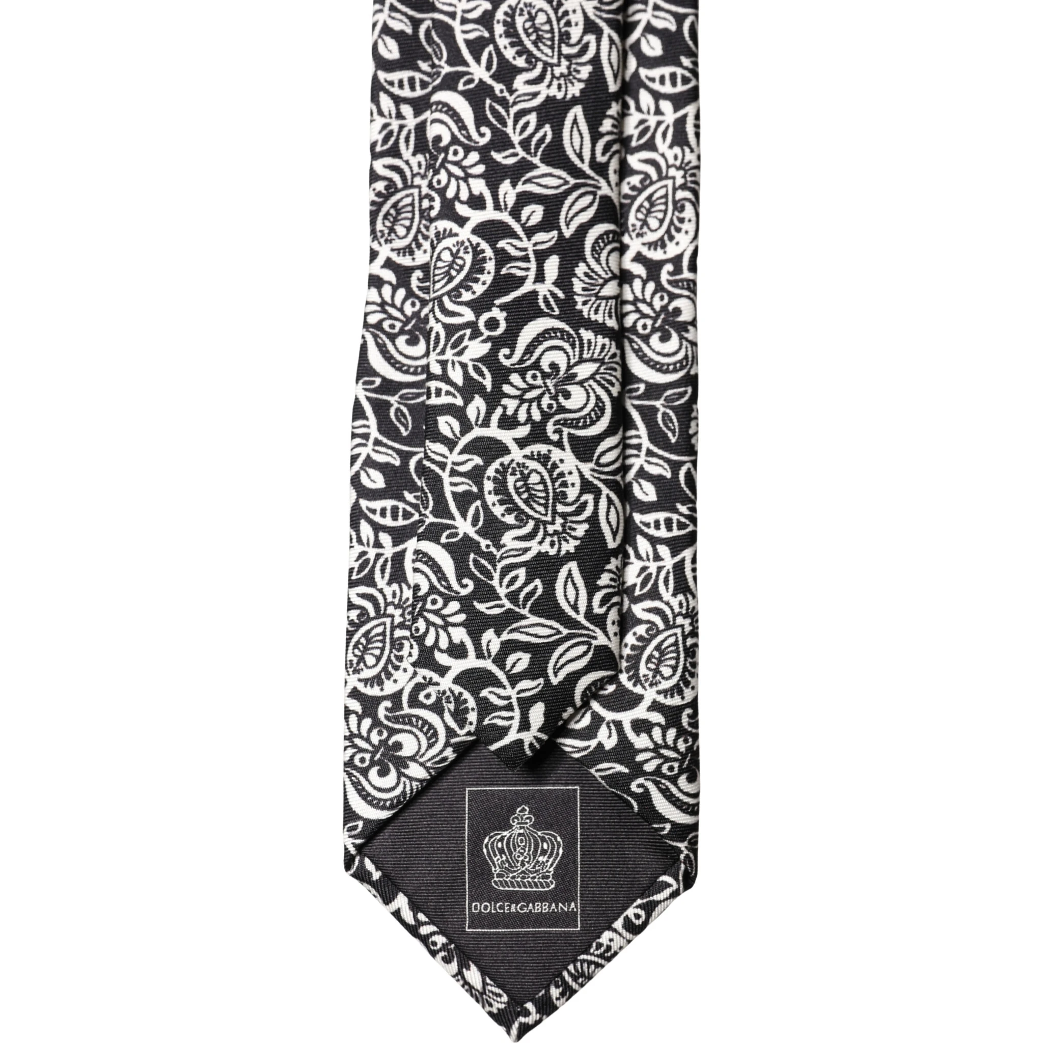 Black White Floral Fantasy Silk Adjustable Necktie Tie