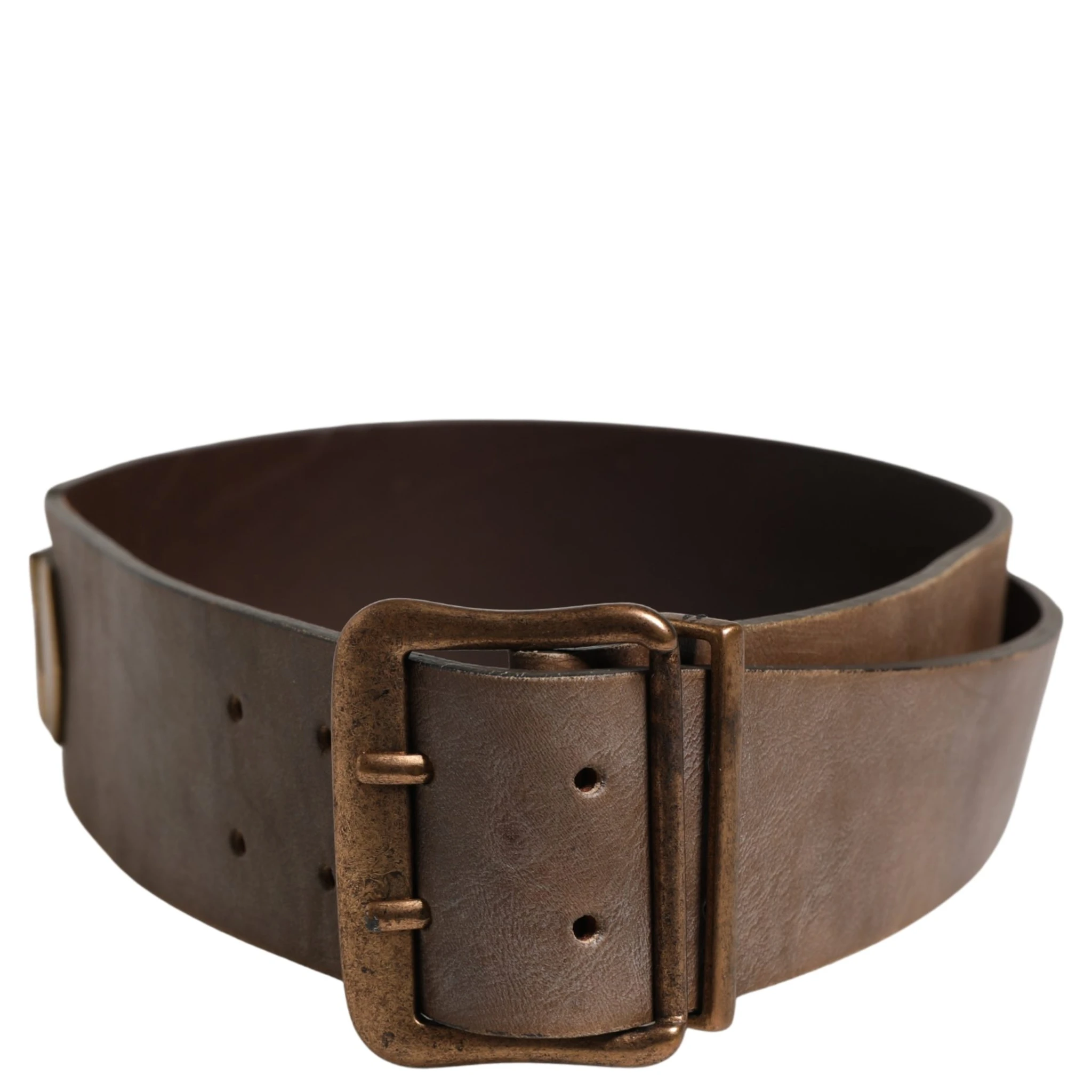 Brown Leather Wide Gold Metal Buckle Belt