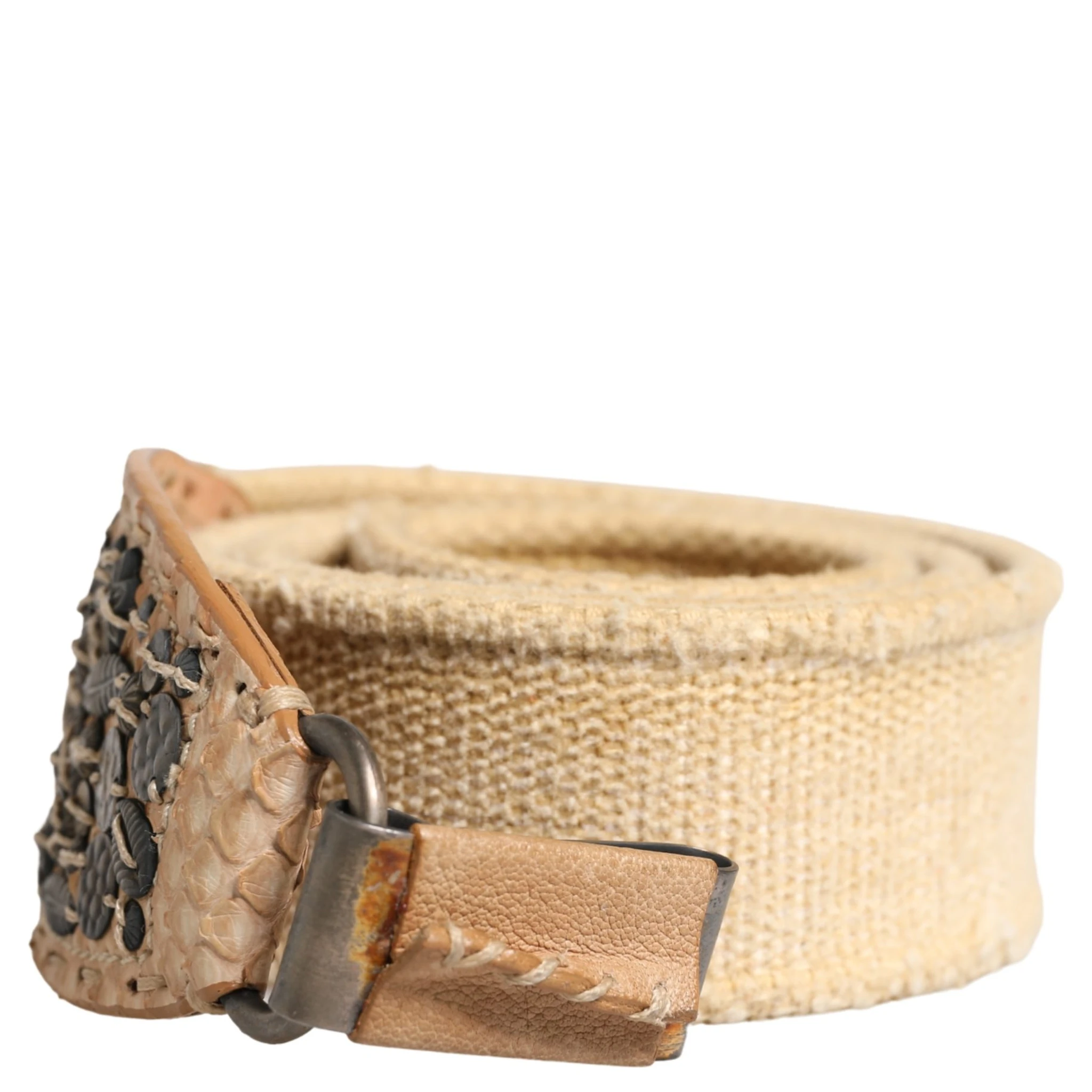 Beige Canvas Embellished Metal Buckle Belt